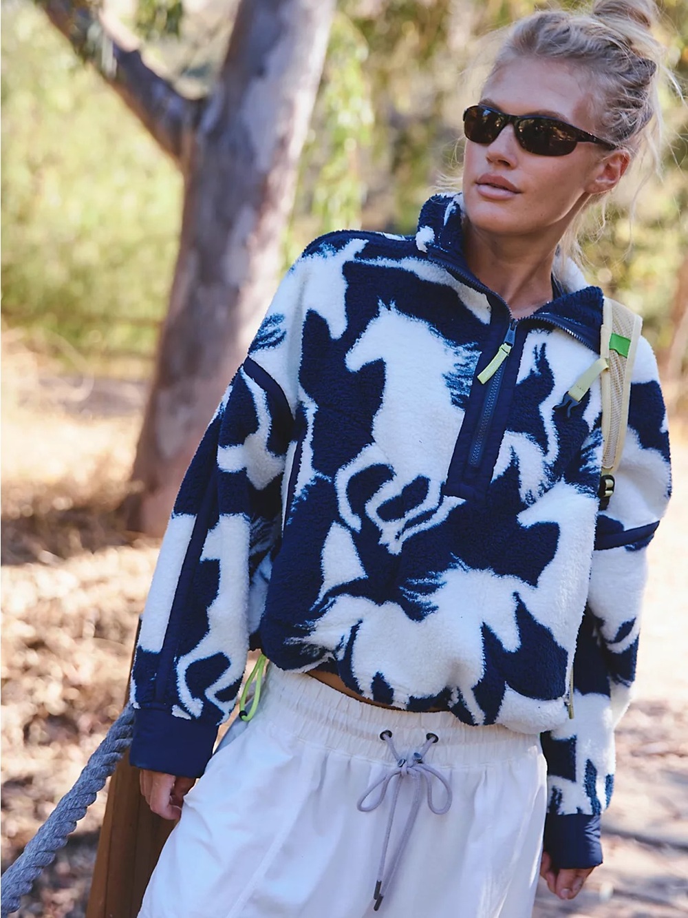 Free People Mountain High Printed Half-Zip Fleece Wild Horses Navy Combo Medium